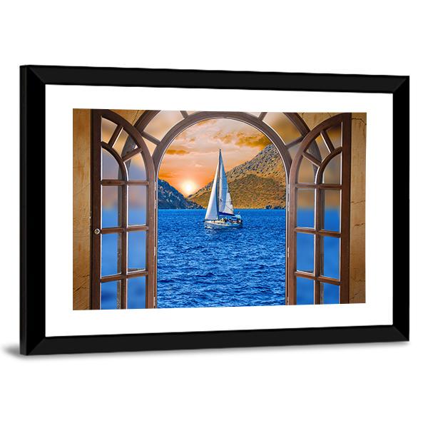 Sailing Ship In The Lake From Window View Canvas Wall Art-3 Horizontal-Gallery Wrap-25" x 16"-Tiaracle