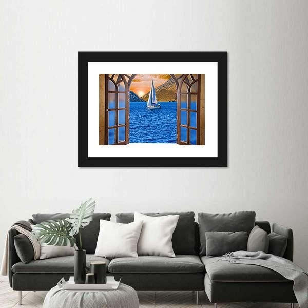Sailing Ship In The Lake From Window View Canvas Wall Art-3 Horizontal-Gallery Wrap-25" x 16"-Tiaracle