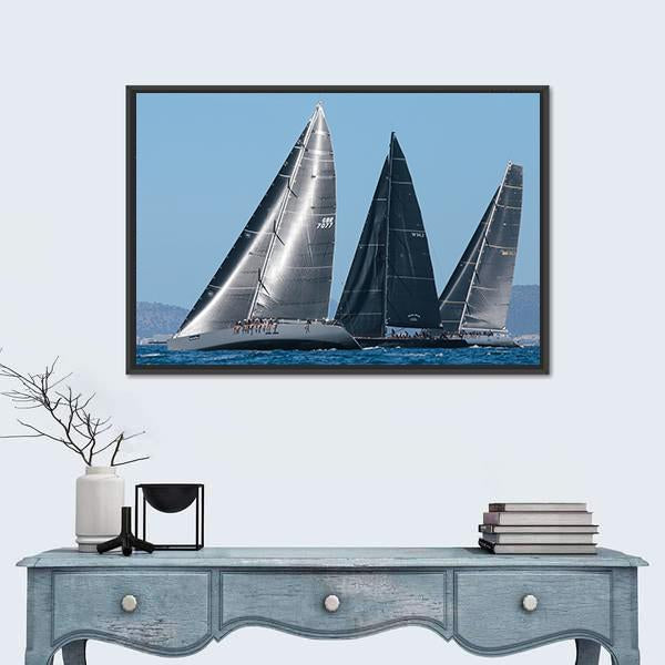 Sailing Ships Race In Mallorca Canvas Wall Art-1 Piece-Floating Frame-24" x 16"-Tiaracle