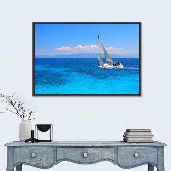 Sailing Yacht In The Lonian Sea Canvas Wall Art-1 Piece-Floating Frame-24" x 16"-Tiaracle