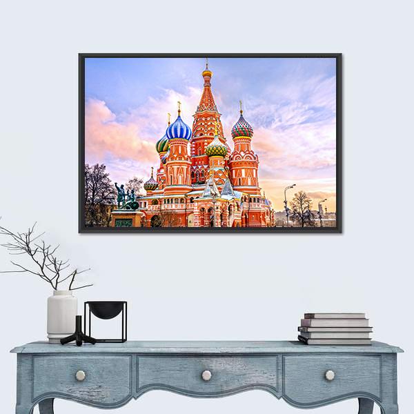 Saint Basil's Cathedral In Red Square In Winter Canvas Wall Art-1 Piece-Floating Frame-24" x 16"-Tiaracle