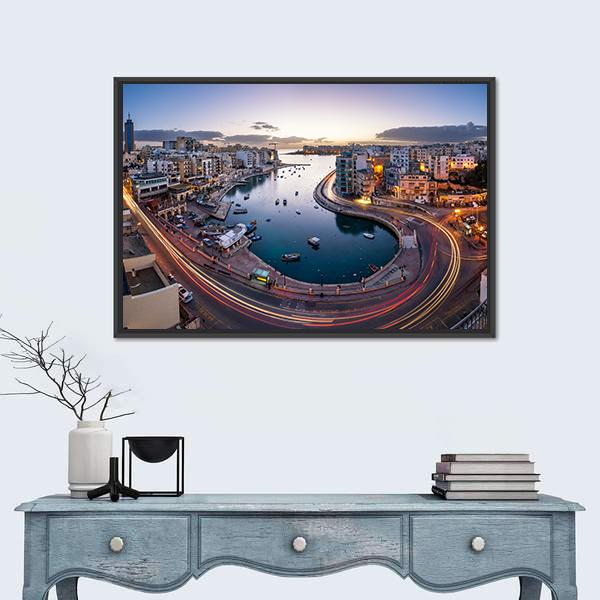 Saint Julien And Spinola Bay At Dawn Malta Canvas Wall Art-1 Piece-Floating Frame-36" x 24"-Tiaracle