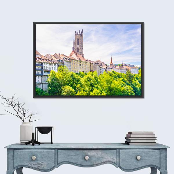Saint Nicholas Cathedral At Fribourg Canvas Wall Art-1 Piece-Floating Frame-24" x 16"-Tiaracle