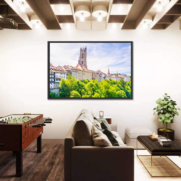 Saint Nicholas Cathedral At Fribourg Canvas Wall Art-3 Horizontal-Gallery Wrap-25" x 16"-Tiaracle