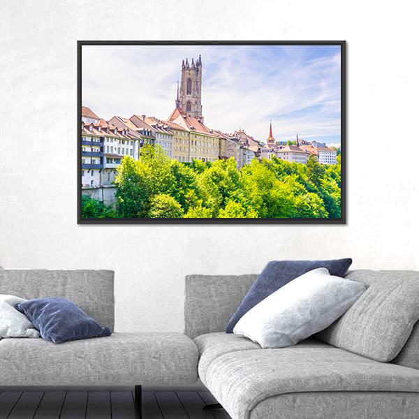 Saint Nicholas Cathedral At Fribourg Canvas Wall Art-3 Horizontal-Gallery Wrap-25" x 16"-Tiaracle