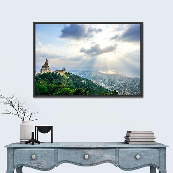 Saint Paul Basilica Jounieh at Sunset Canvas Wall Art in white, green and blue, framed canvas, product view on a white background