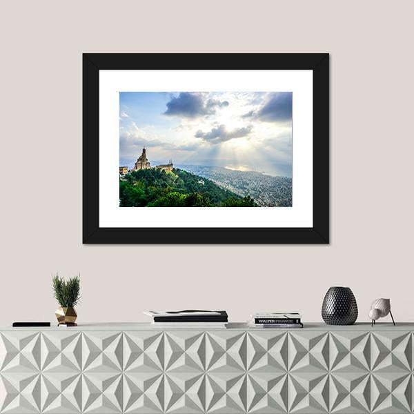 Saint Paul Basilica Jounieh at Sunset Canvas Wall Art in white, green and blue, framed print, product view on a white background