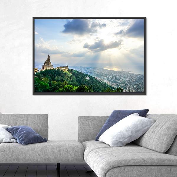 Saint Paul Basilica Jounieh Landscape At Sunset Canvas Wall Art-3 Horizontal-Gallery Wrap-25" x 16"-Tiaracle
