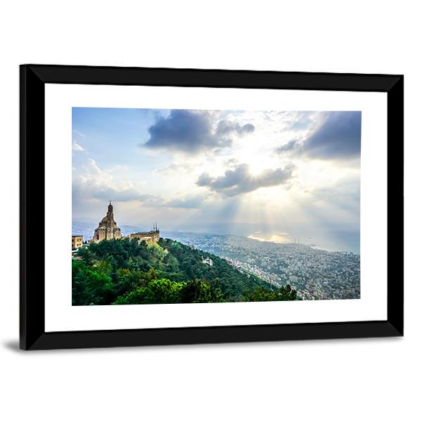 Saint Paul Basilica Jounieh Landscape At Sunset Canvas Wall Art-3 Horizontal-Gallery Wrap-25" x 16"-Tiaracle