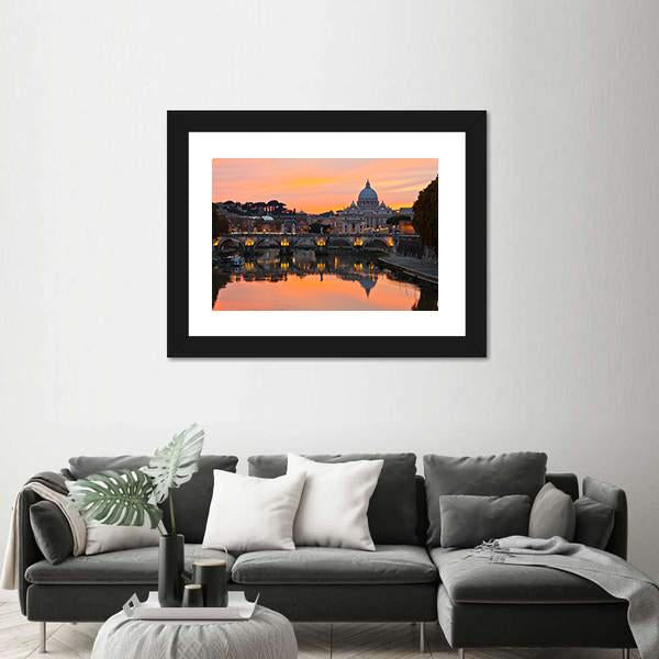 Saint Peter Basilica At Sunset Canvas Wall Art-1 Piece-Framed Print-20" x 16"-Tiaracle