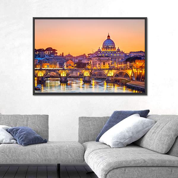 Saint Peter Cathedral At Night In Rome Canvas Wall Art-5 Horizontal-Gallery Wrap-22" x 12"-Tiaracle