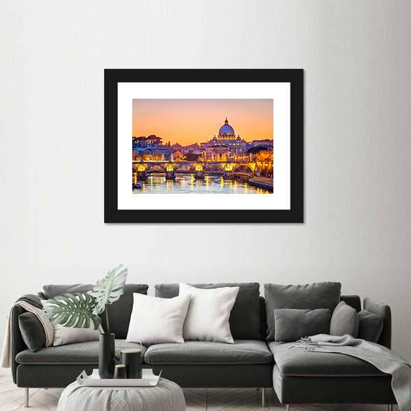 Saint Peter Cathedral At Night In Rome Canvas Wall Art-5 Horizontal-Gallery Wrap-22" x 12"-Tiaracle