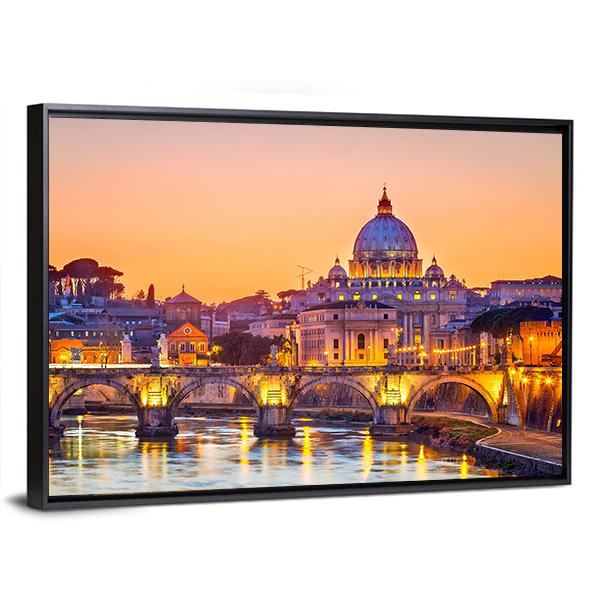 Saint Peter Cathedral At Night In Rome Canvas Wall Art-5 Horizontal-Gallery Wrap-22" x 12"-Tiaracle