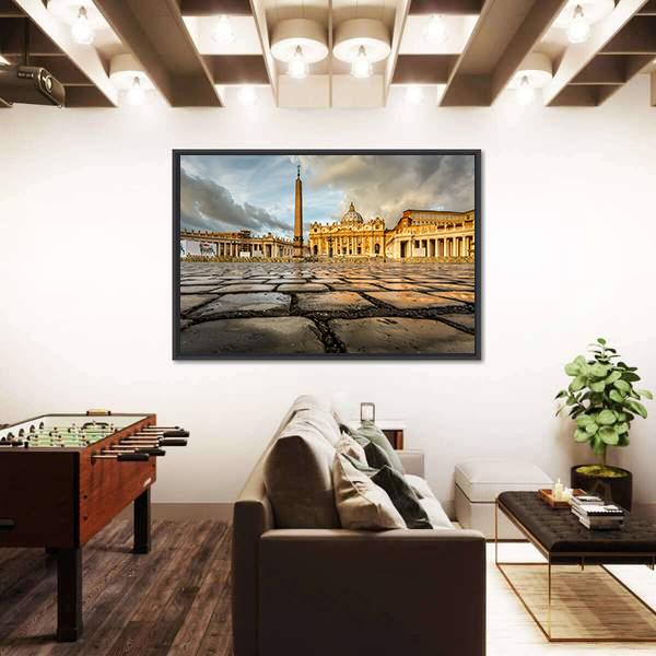 Saint Peter Square And Saint Peter Basilica In The Morning Vatican Canvas Wall Art-1 Piece-Floating Frame-24" x 16"-Tiaracle