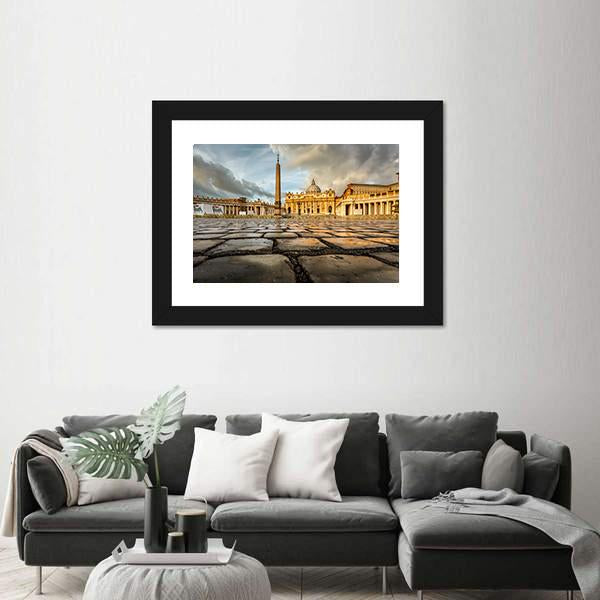 Saint Peter Square And Saint Peter Basilica In The Morning Vatican Canvas Wall Art-1 Piece-Framed Print-20" x 16"-Tiaracle
