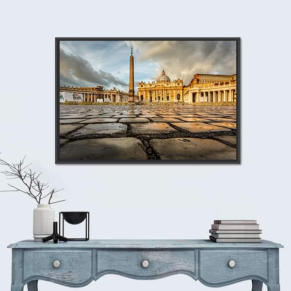 Saint Peter Square And Saint Peter Basilica In The Morning Vatican Canvas Wall Art-3 Horizontal-Gallery Wrap-25" x 16"-Tiaracle
