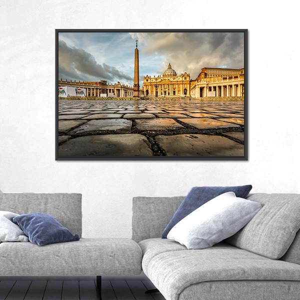 Saint Peter Square And Saint Peter Basilica In The Morning Vatican Canvas Wall Art-3 Horizontal-Gallery Wrap-25" x 16"-Tiaracle