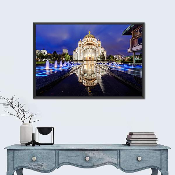 Saint Sava Temple With Fountain In Belgrade Canvas Wall Art-1 Piece-Floating Frame-24" x 16"-Tiaracle