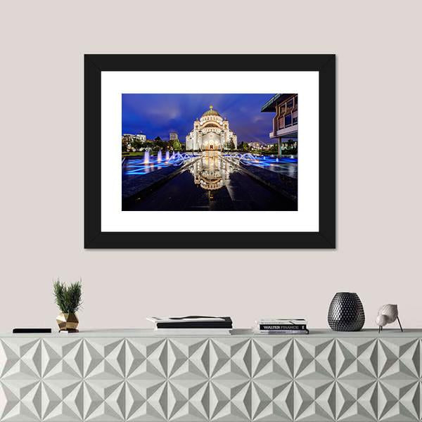 Saint Sava Temple With Fountain In Belgrade Canvas Wall Art-1 Piece-Framed Print-20" x 16"-Tiaracle
