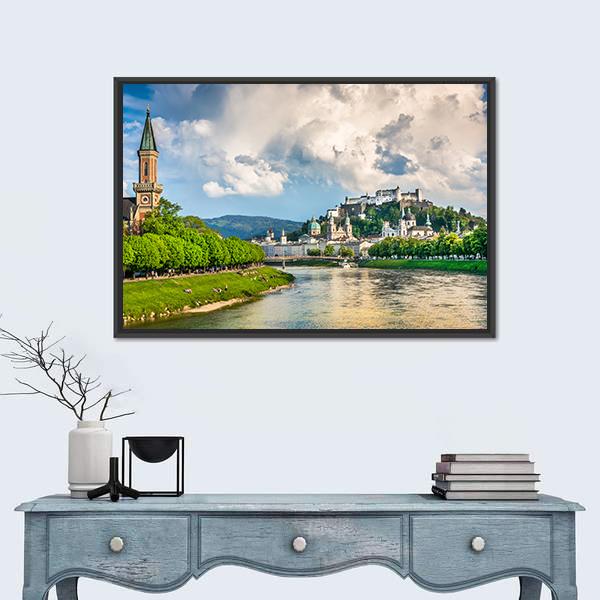 Salzburg Cityscape With Salzach River Canvas Wall Art-1 Piece-Floating Frame-24" x 16"-Tiaracle