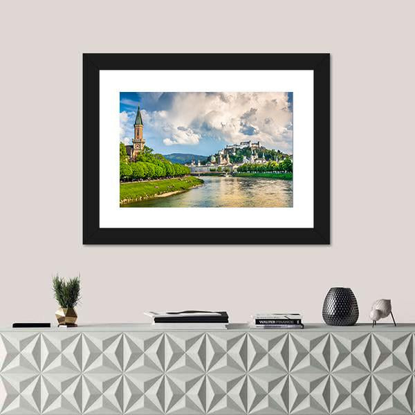 Salzburg Cityscape With Salzach River Canvas Wall Art-1 Piece-Framed Print-20" x 16"-Tiaracle