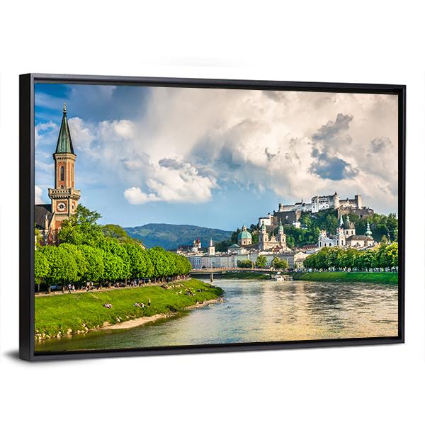 Salzburg Cityscape With Salzach River Canvas Wall Art-3 Horizontal-Gallery Wrap-25" x 16"-Tiaracle