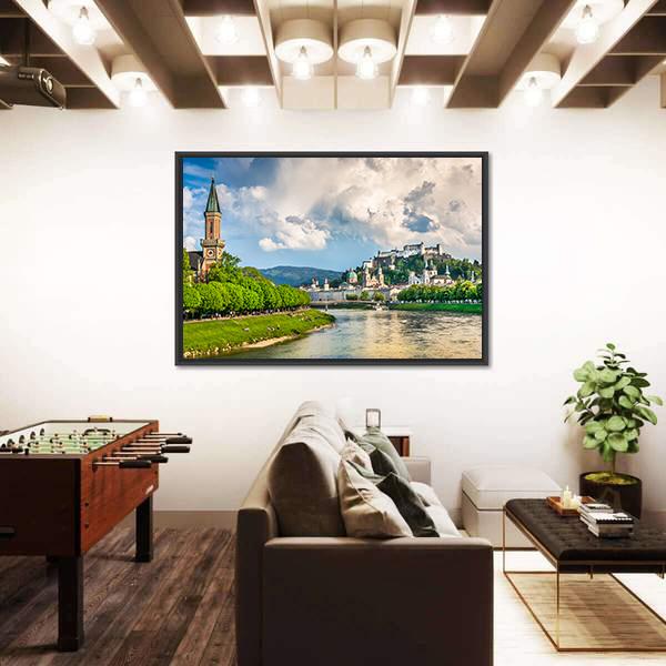 Salzburg Cityscape With Salzach River Canvas Wall Art-3 Horizontal-Gallery Wrap-25" x 16"-Tiaracle