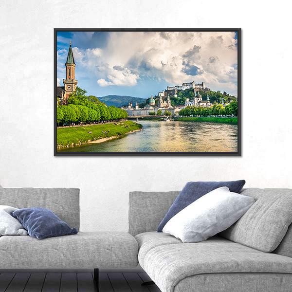Salzburg Cityscape With Salzach River Canvas Wall Art-3 Horizontal-Gallery Wrap-25" x 16"-Tiaracle
