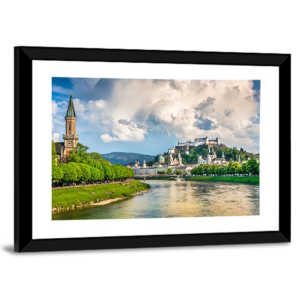 Salzburg Cityscape With Salzach River Canvas Wall Art-3 Horizontal-Gallery Wrap-25" x 16"-Tiaracle