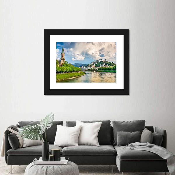 Salzburg Cityscape With Salzach River Canvas Wall Art-3 Horizontal-Gallery Wrap-25" x 16"-Tiaracle