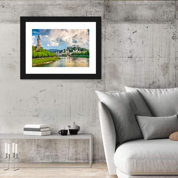 Salzburg Cityscape With Salzach River Canvas Wall Art-3 Horizontal-Gallery Wrap-25" x 16"-Tiaracle
