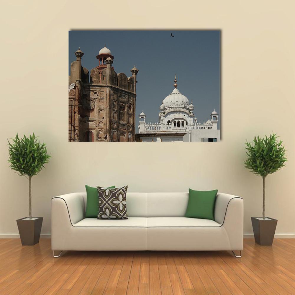 Samadhi of Ranjit Singh, Lahore Fort Canvas Wall Art in white, brown and blue, single panel hung on a wall