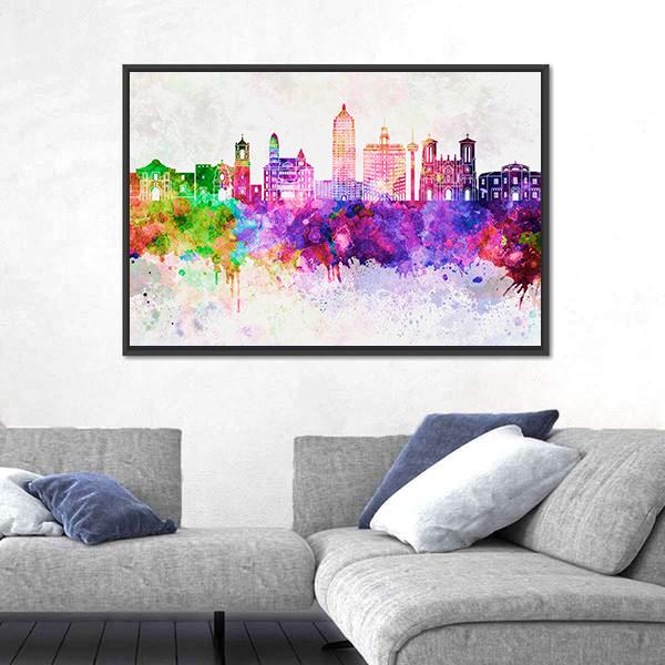 San Antonio Skyline Watercolor Abstract Canvas Wall Art in white and multicolor, framed canvas, product view on a white background