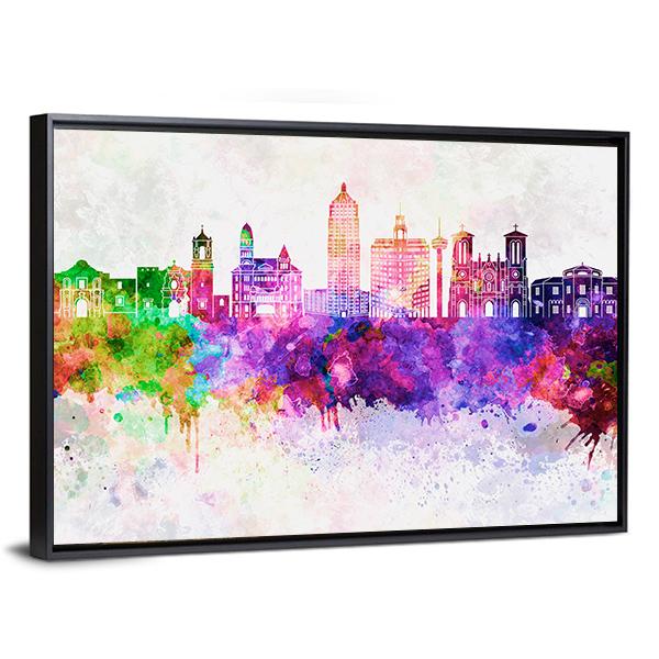 San Antonio Skyline In Watercolor Abstract Canvas Wall Art-3 Horizontal-Gallery Wrap-25" x 16"-Tiaracle