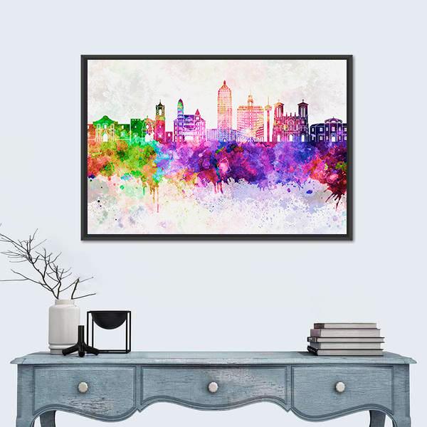 San Antonio Skyline In Watercolor Abstract Canvas Wall Art-3 Horizontal-Gallery Wrap-25" x 16"-Tiaracle