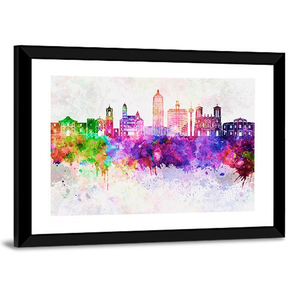 San Antonio Skyline In Watercolor Abstract Canvas Wall Art-3 Horizontal-Gallery Wrap-25" x 16"-Tiaracle