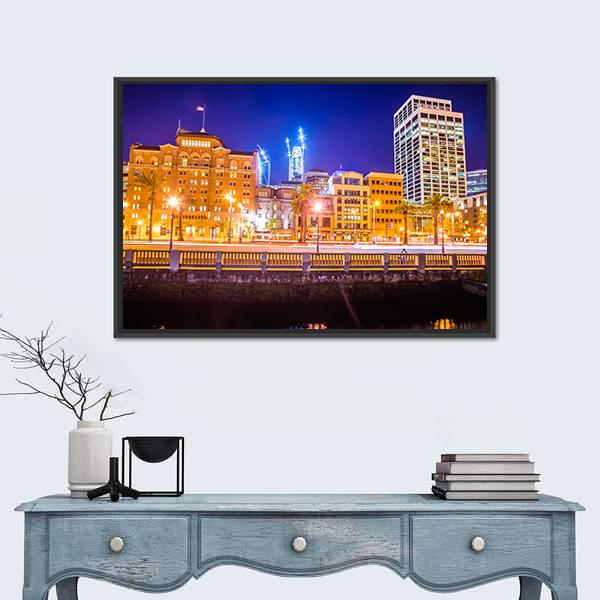 San Francisco Downtown City Skyline At Night Canvas Wall Art-1 Piece-Floating Frame-24" x 16"-Tiaracle