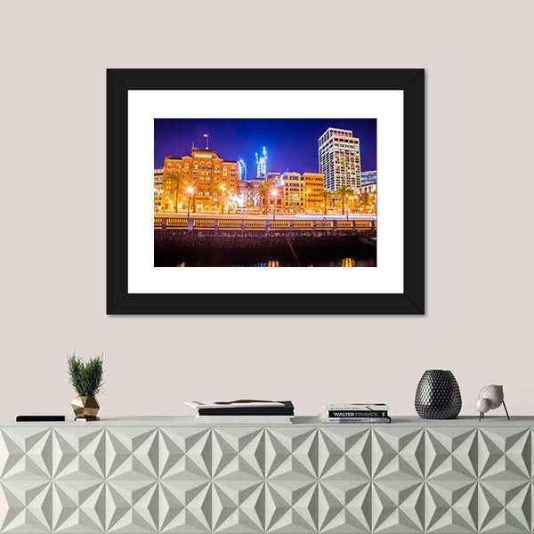 San Francisco Downtown City Skyline At Night Canvas Wall Art-1 Piece-Framed Print-20" x 16"-Tiaracle