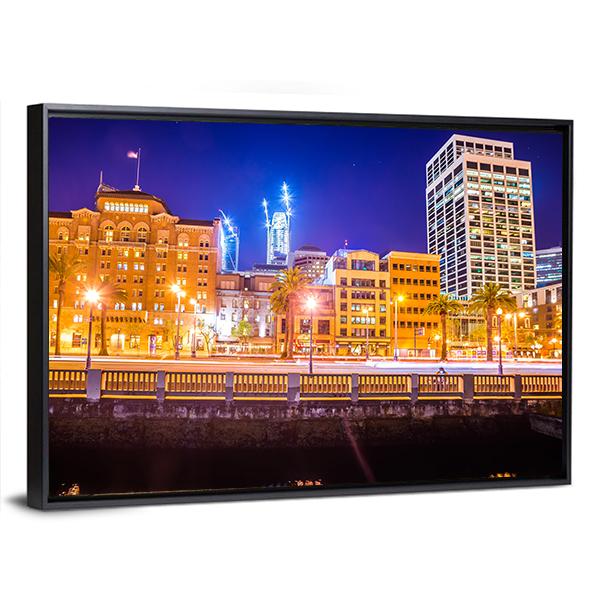 San Francisco Downtown City Skyline At Night Canvas Wall Art-3 Horizontal-Gallery Wrap-25" x 16"-Tiaracle