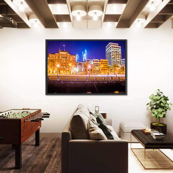 San Francisco Downtown City Skyline At Night Canvas Wall Art-3 Horizontal-Gallery Wrap-25" x 16"-Tiaracle