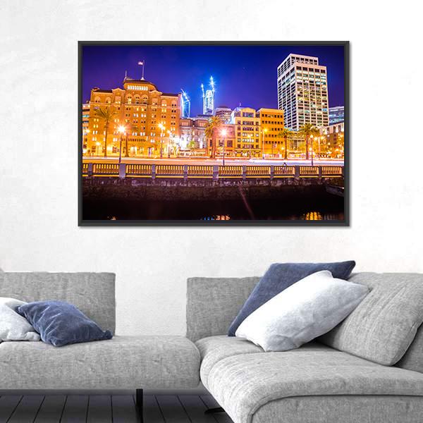 San Francisco Downtown City Skyline At Night Canvas Wall Art-3 Horizontal-Gallery Wrap-25" x 16"-Tiaracle