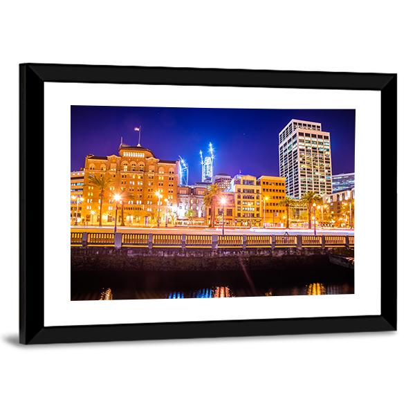 San Francisco Downtown City Skyline At Night Canvas Wall Art-3 Horizontal-Gallery Wrap-25" x 16"-Tiaracle
