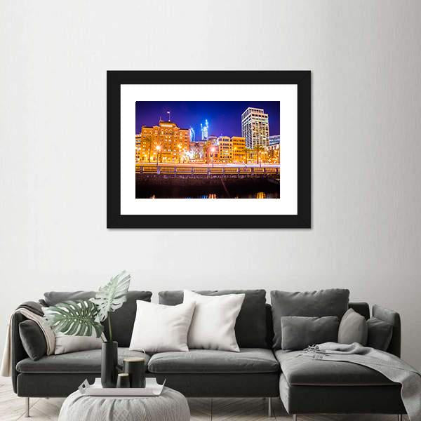San Francisco Downtown City Skyline At Night Canvas Wall Art-3 Horizontal-Gallery Wrap-25" x 16"-Tiaracle