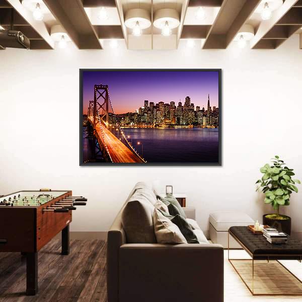 San Francisco Skyline And Bay Bridge At Sunset Canvas Wall Art-1 Piece-Floating Frame-36" x 24"-Tiaracle