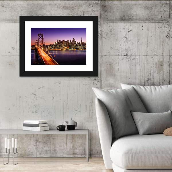 San Francisco Skyline And Bay Bridge At Sunset Canvas Wall Art-5 Horizontal-Gallery Wrap-22" x 12"-Tiaracle