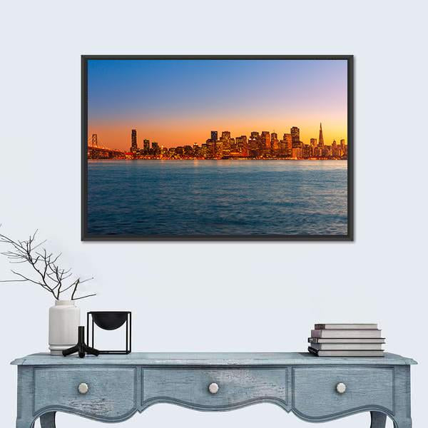 San Francisco Sunset Skyline Canvas Wall Art in orange, yellow and blue, framed canvas, product view on a white background