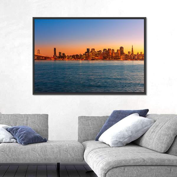 San Francisco Sunset Skyline In California Canvas Wall Art-3 Horizontal-Gallery Wrap-25" x 16"-Tiaracle