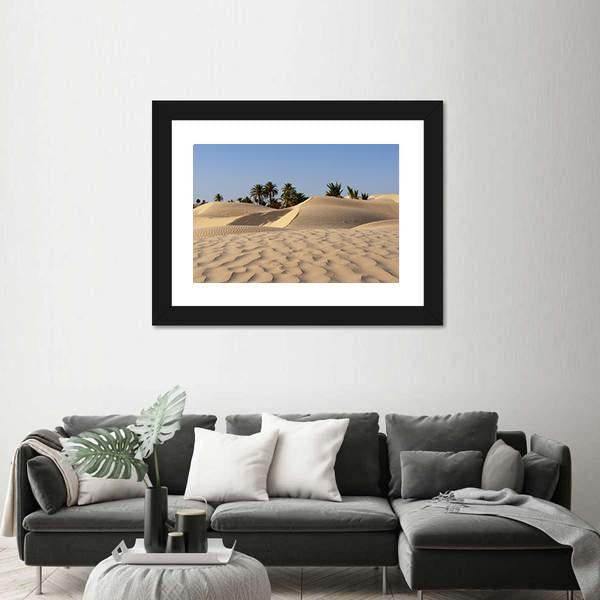 Sand Dune And Palm Tree In The Desert Canvas Wall Art-1 Piece-Framed Print-20" x 16"-Tiaracle