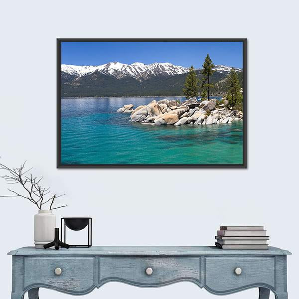 Sand Harbor Lake Tahoe Landscape Canvas Wall Art in gray, green and blue, framed canvas, product view on a white background