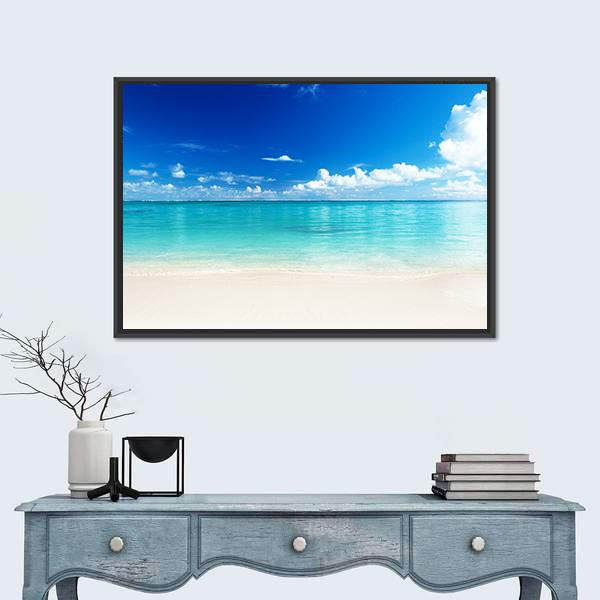 Sand Of Beach And Caribbean Sea Canvas Wall Art-1 Piece-Floating Frame-24" x 16"-Tiaracle